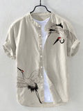 Cranes Japanese Art Linen Blend Shirt elevenforest