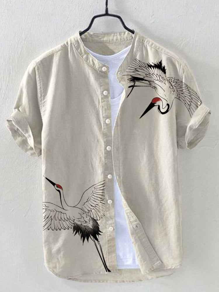 Cranes Japanese Art Linen Blend Shirt elevenforest