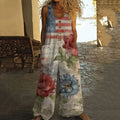 Women's Independence Day Vintage Botanical Floral Patchwork Flag Pattern Art Button Casual Jumpsuit elevenforest