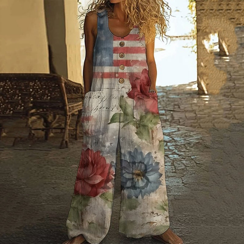 Women's Independence Day Vintage Botanical Floral Patchwork Flag Pattern Art Button Casual Jumpsuit elevenforest