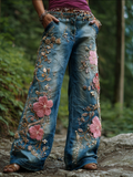 Bohemian Style Women's Plant Flower Embroidery Loose Fit Wide Leg Straight Leg Denim Long Pants elevenforest