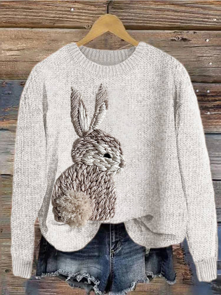 Embroidery Cute Rabbit Casual Cozy Knit Sweater artswardrobe