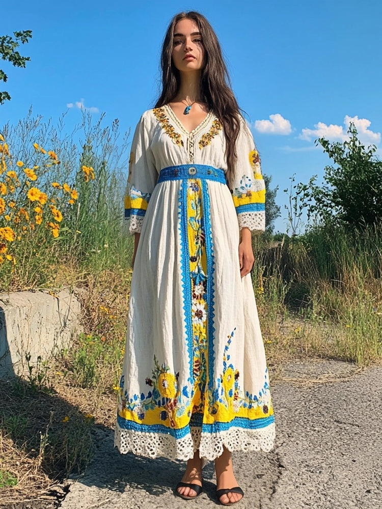 Ukrainian Folk Floral Embroidered Linen Blend Maxi Dress elevenforest