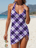 Purple Plaid Print Casual Suspender Shirred Swimsuit Set