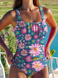 Colorful Flowers Women's Summer Beach Halter Top And Solid Color Triangle Briefs Tankini Set