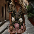 Women's Classic Romantic Pink Rose Embroidery Art Comfy Linen Mini Dress elevenforest