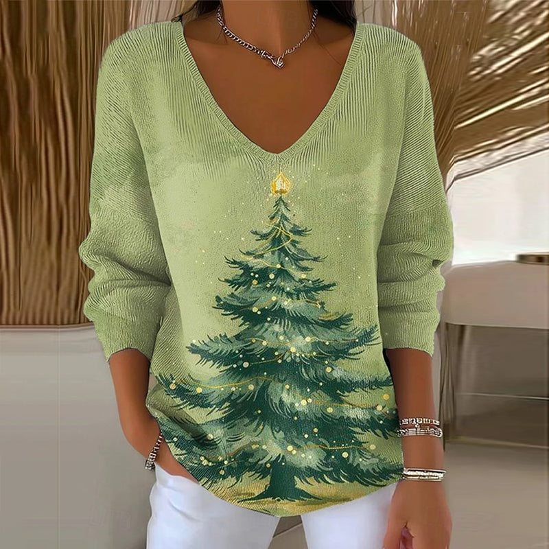 Comstylish Women's Christmas Tree Print V-neck Knit Sweater