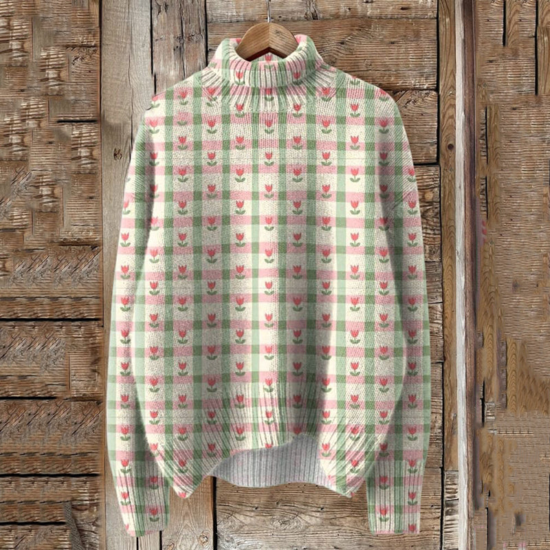 Vintage Floral Art Print Knit Turtleneck Pullover Sweater elevenforest