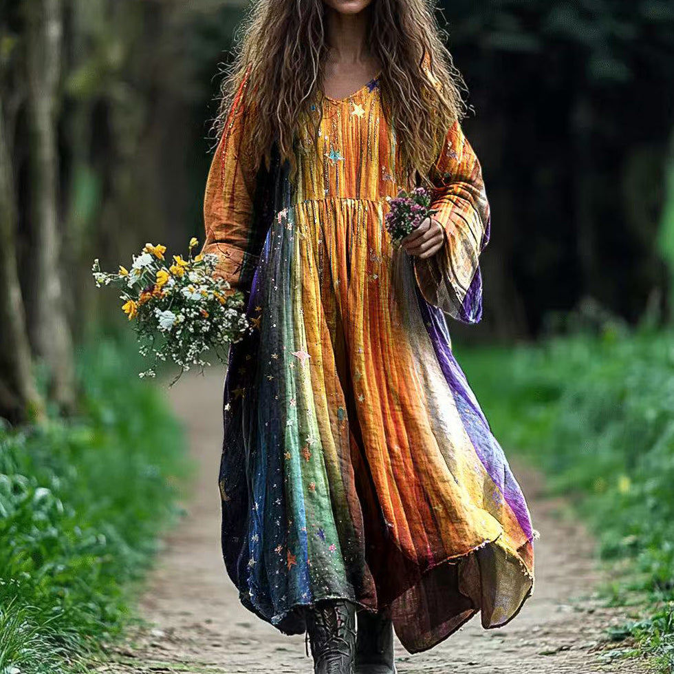 Women's Vintage Star Color Block V Neck Midi Dress elevenforest