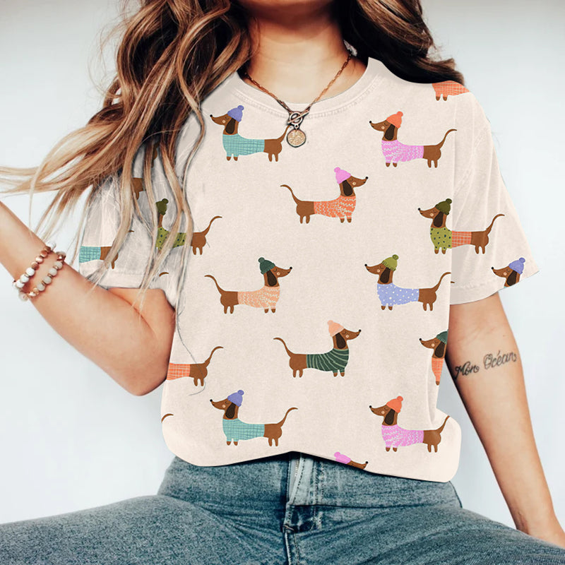 Comstylish Cute Dachshund Dog Art Vintage Washed T Shirt