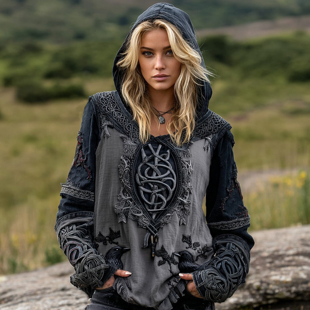 Viking Raven And Celtic Knot Patchwork Inspired Tribal Cotton And Linen Hoodie elevenforest