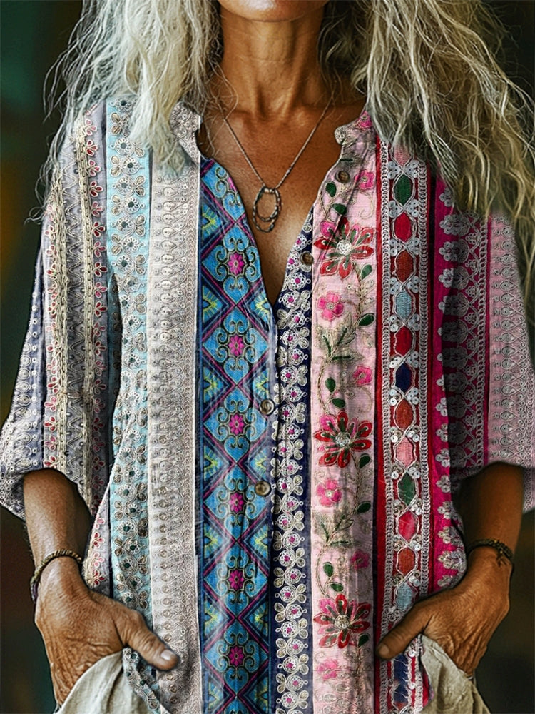 Women's Floral Pattern Art Print Casual Cotton Linen Shirt