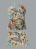 Women's Vintage Bohemian Floral Print Shirred Suspender Swimsuit Set