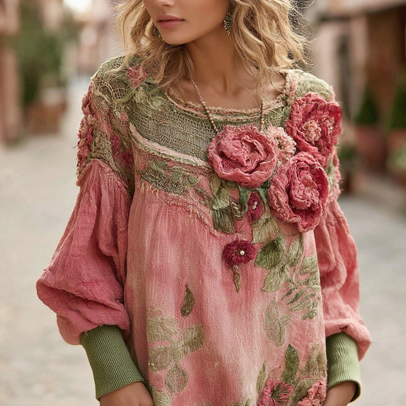 Women's Bohemian Floral Colorblock Casual Comfortable Crew Neck Sweatshirt elevenforest