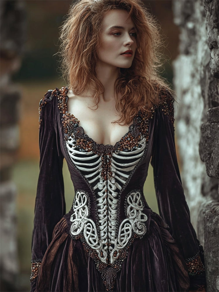 Vintage Skeleton Inspired Beaded Trim Velvet Maxi Dress elevenforest
