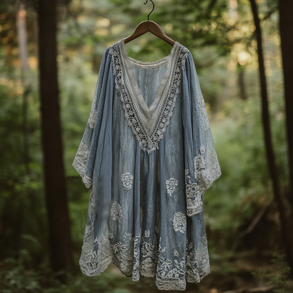 Vintage Floral Embroidered Pattern Linen Maxi Dress elevenforest