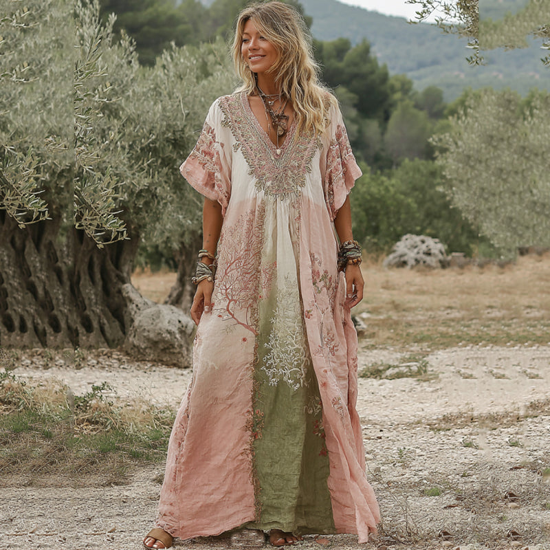 Women's Vintage Rose Floral Art Gradient Linen Blend Comfy Maxi Dress elevenforest
