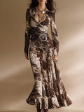 Fashionable Ethnic Brown And White Printed Velvet Maxi Dress