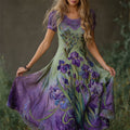 Oil Painting Purple Irises Embroidered Lace Patchwork Linen Maxi Dress elevenforest