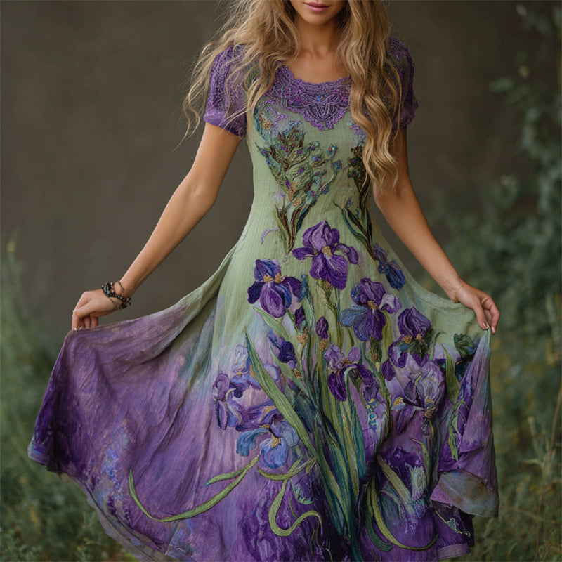 Oil Painting Purple Irises Embroidered Lace Patchwork Linen Maxi Dress elevenforest
