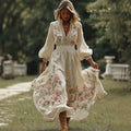 Women's Retro Bohemian Art Floral V-neck Long-sleeved Dress. elevenforest