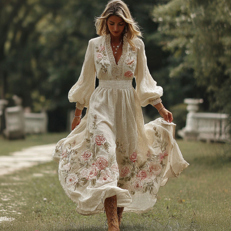 Women's Retro Bohemian Art Floral V-neck Long-sleeved Dress. elevenforest