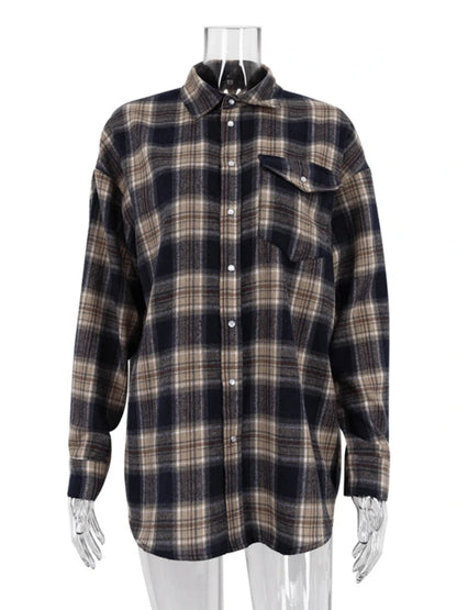Taruxy Retro Blouse Autumn Winter Loose Long Shirts Female Plaid Basic Street Cardigan Woman Clothing