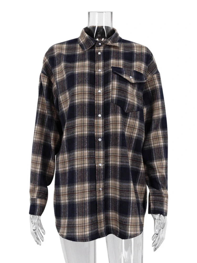 Taruxy Retro Blouse Autumn Winter Loose Long Shirts Female Plaid Basic Street Cardigan Woman Clothing