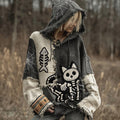 Comstylish Halloween Black Cat Skeleton Contrast Stitched Hooded Cozy Knit Sweater
