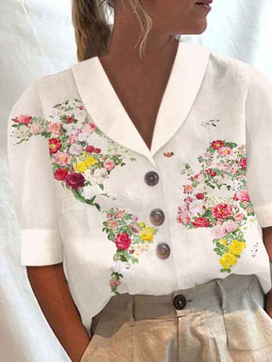 Women Floral Print Casual Button-up Shirt