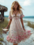 Women's Bohemian Rose V-neck Short Sleeve Dress elevenforest