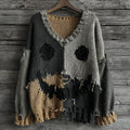 Halloween Spooky Face Contrast Stitching Comfortable V-neck Knitted Sweater elevenforest