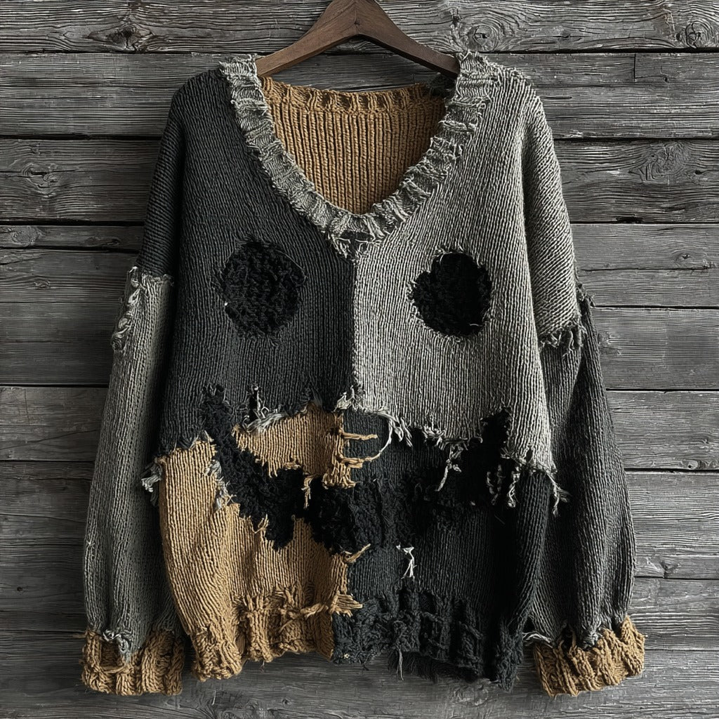 Halloween Spooky Face Contrast Stitching Comfortable V-neck Knitted Sweater elevenforest