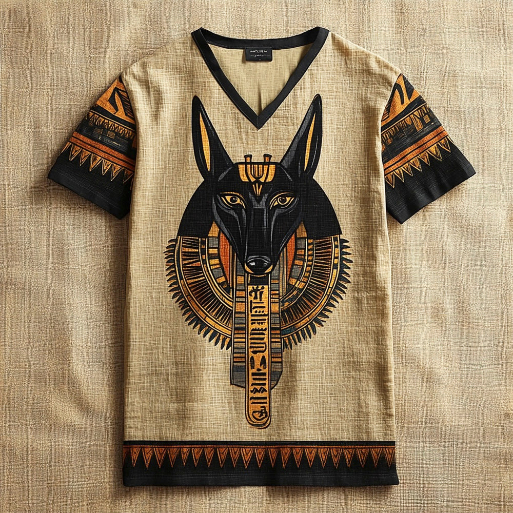 Egyptian Anubis Totem Men's Linen Short Sleeve Shirt elevenforest