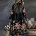 Women's Vintage Floral Art Flowy Linen Blend Casual Round Neck Long Sleeve Maxi Dress elevenforest