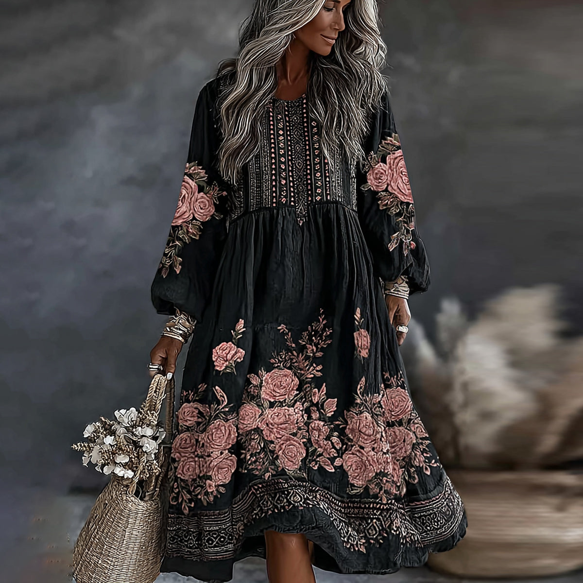 Women's Vintage Floral Art Flowy Linen Blend Casual Round Neck Long Sleeve Maxi Dress elevenforest
