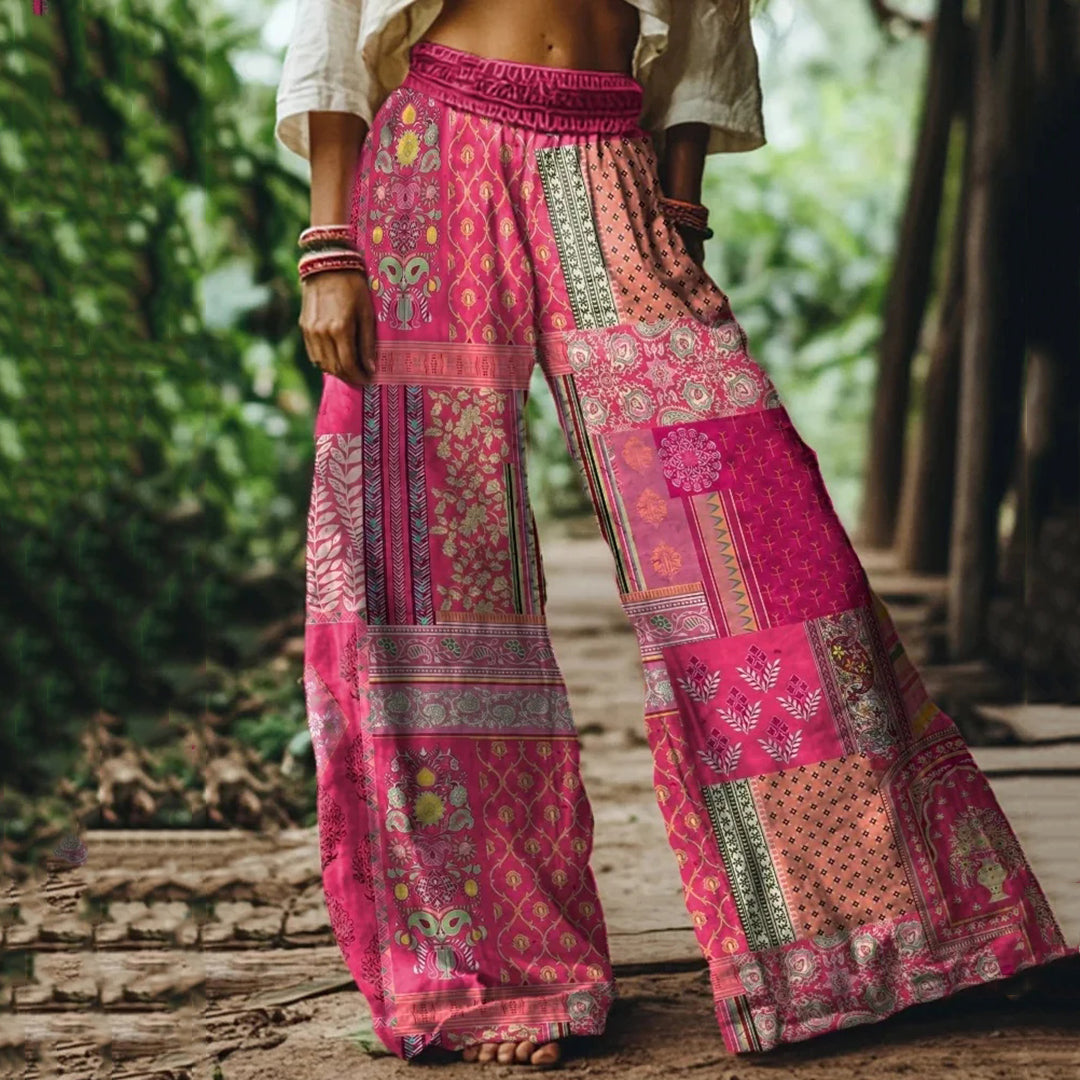 Vintage Bohemia Floral Pattern Women's Linen Blend Casual Pants elevenforest