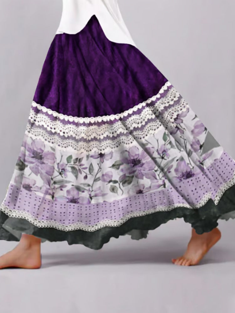 Women's Retro Casual Purple Floral Splicing Skirt elevenforest