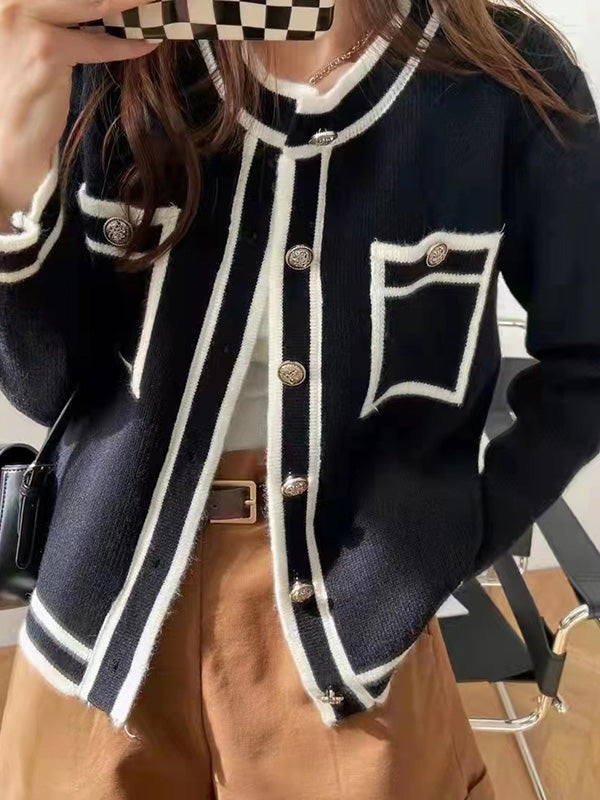 Long Sleeves Buttoned Contrast Color Pockets Round-neck Cardigan Tops