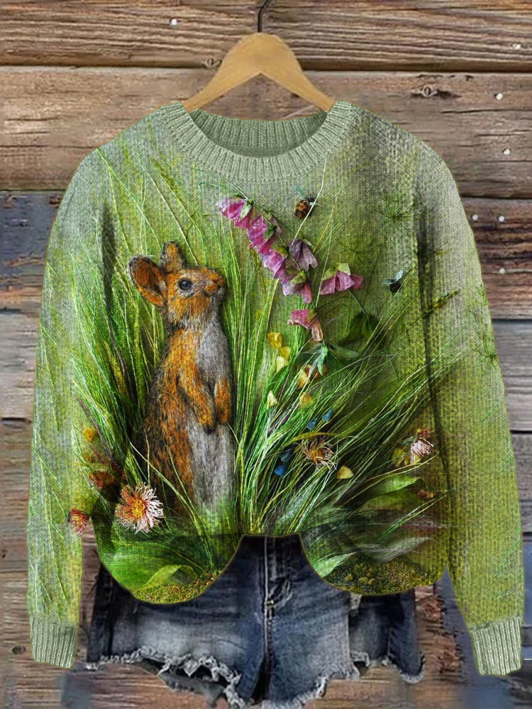 Forest Bunny in Flowers Textile Art Cozy Sweater artswardrobe