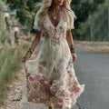Women's Vintage Floral Embroidery V Neck Casual Maxi Dress elevenforest