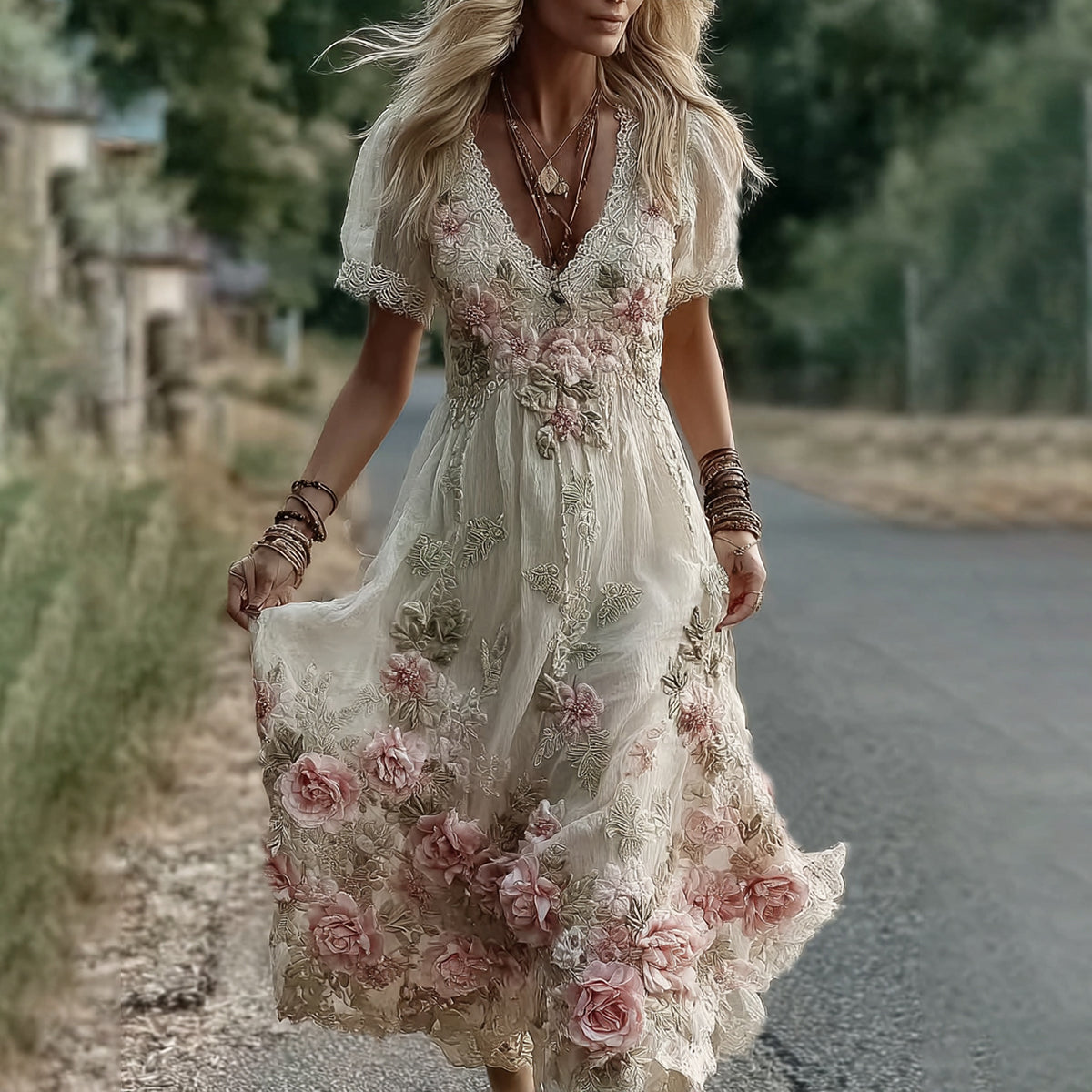 Women's Vintage Floral Embroidery V Neck Casual Maxi Dress elevenforest