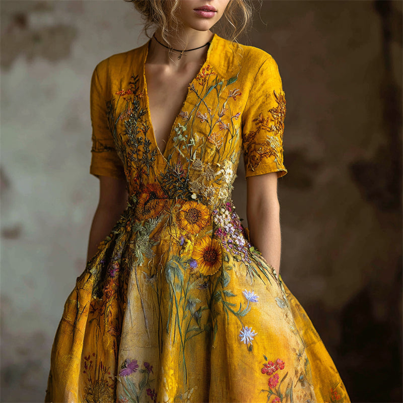 Oil Painting Inspired Wild Flowers Embroidered Linen Maxi Dress elevenforest