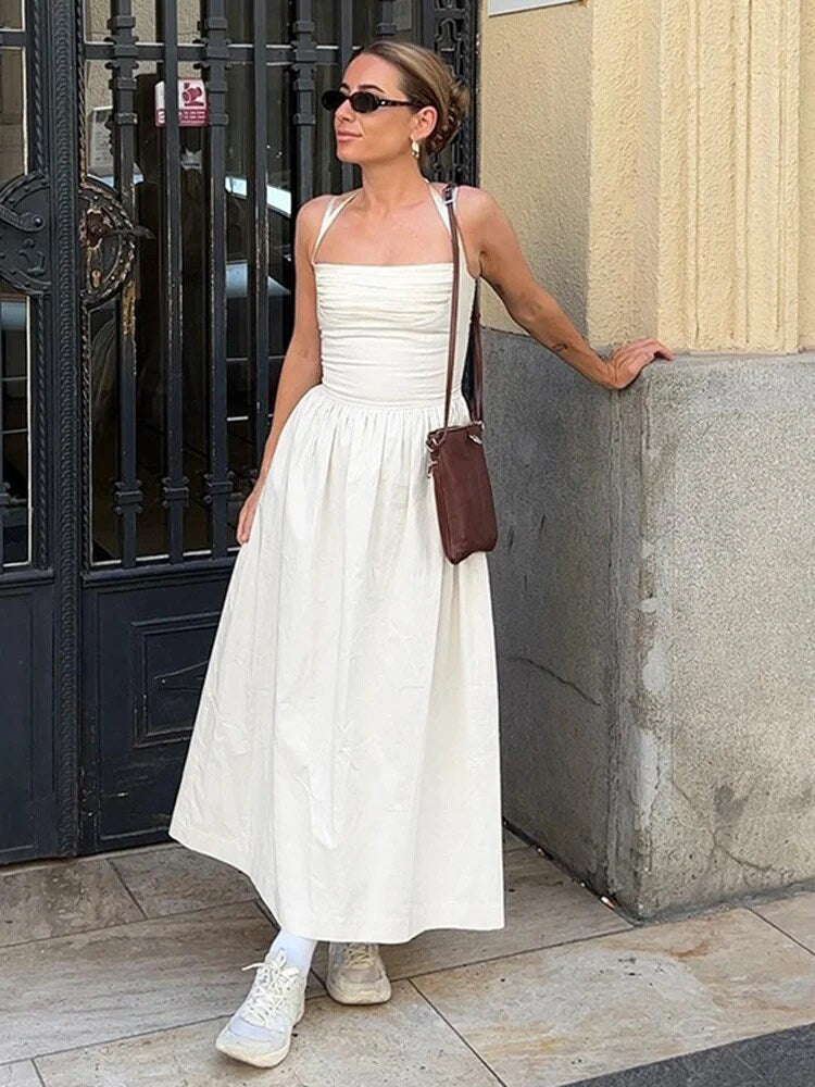 Tossy Long Sundress Dress Patchwork Lace Up A-line Folds Sleeveless Female Party Evening Tank Maxi Dress