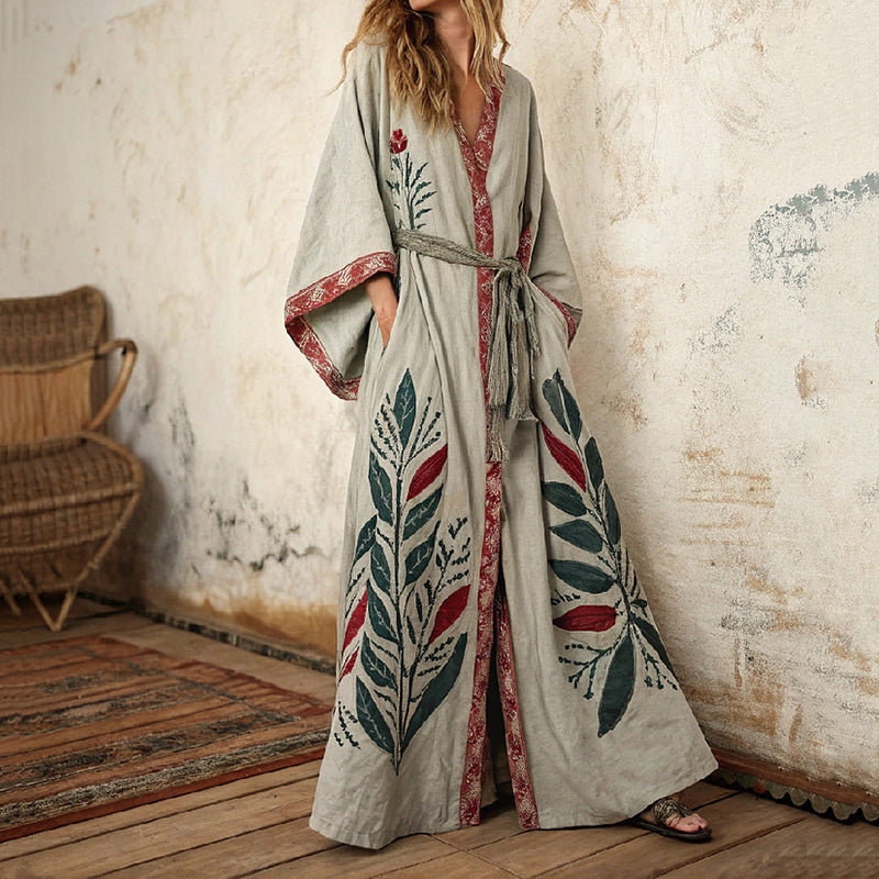 Women's Floral And Tree Art Linen V-neck Robe elevenforest