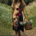 Women's Retro Rose Flower Art Print V-neck Linen Blend Midi Dress elevenforest
