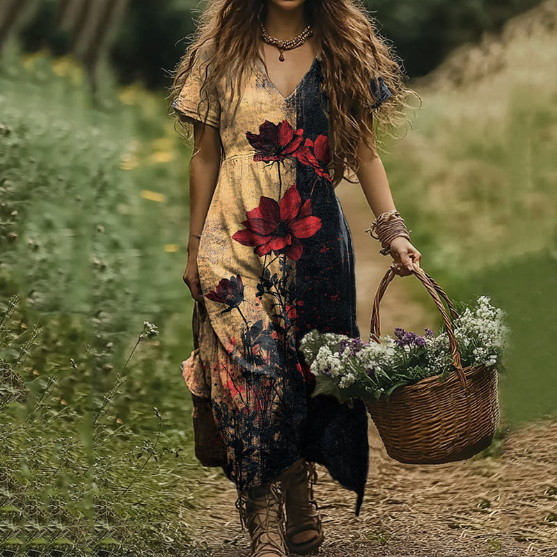 Women's Retro Rose Flower Art Print V-neck Linen Blend Midi Dress elevenforest