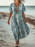 Women's Art Floral Hippie Vintage Print V Neck Dress