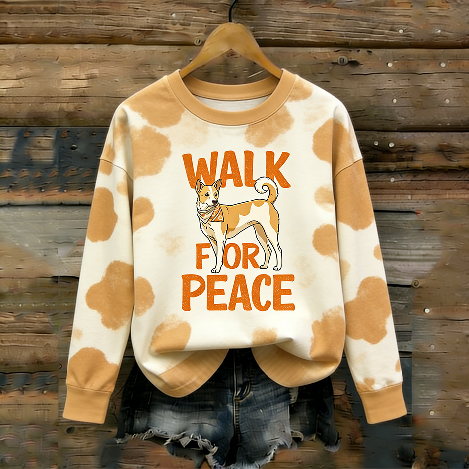 Comstylish Peace Dog Pattern Printed Retro Round Neck Long Sleeve T-shirt