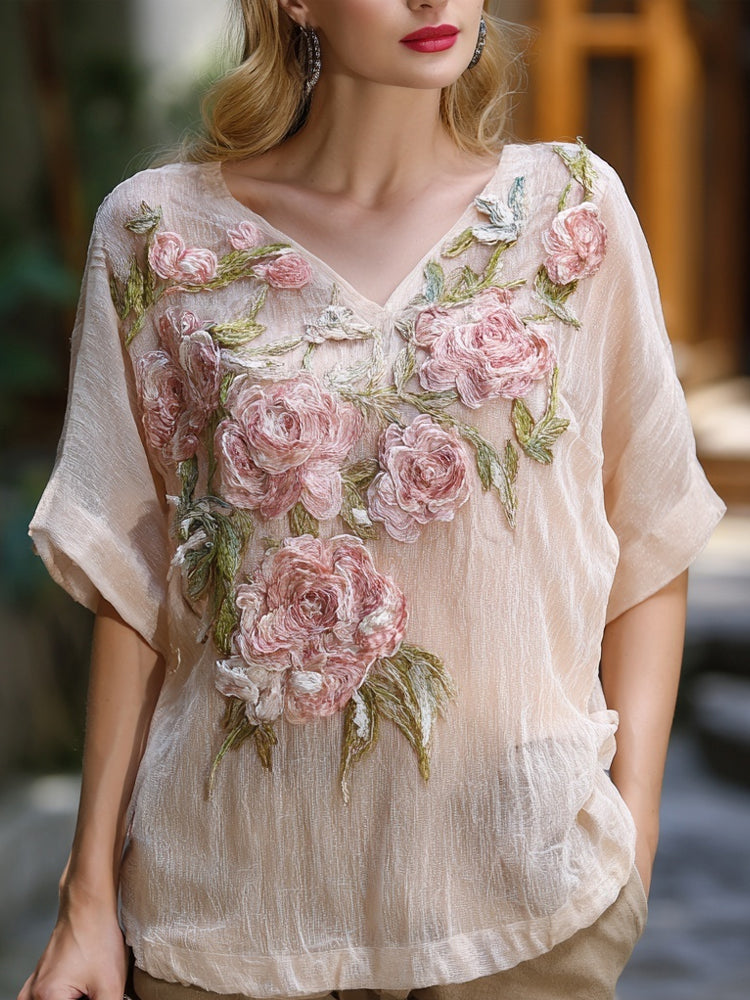 Vintage Pink Roses Embroidered V Neck Linen T Shirt elevenforest